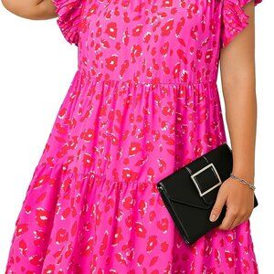 Plus Size Leopard Print Dress Ruffle Sleeve Flow Mini Casual Summer Wear
